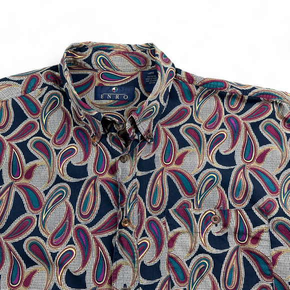 Vintage Enro Shirt Adult LARGE Purple Blue Paisley Check Psychedelic 90s - Picture 2 of 8